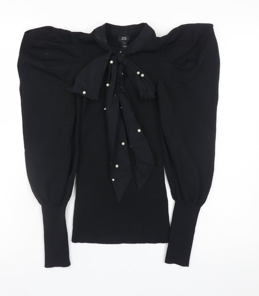 River Island Women’s Black Puff Sleeve Bow Jumper Size 6