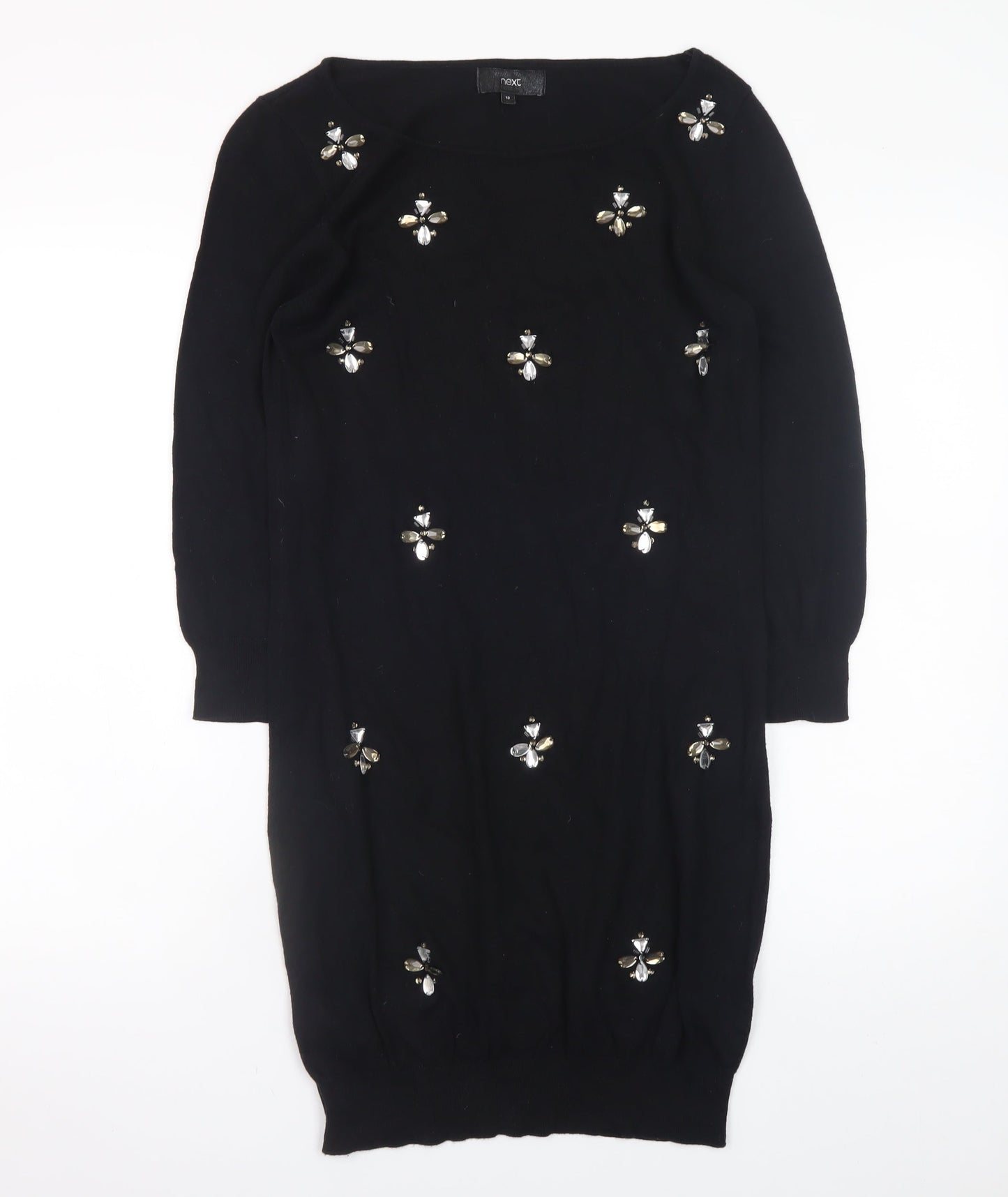 Next Womens Black Beaded Sweater Dress Size 12 Knit 3/4 Sleeve