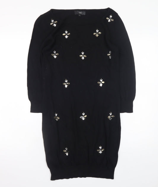Next Womens Black Beaded Sweater Dress Size 12 Knit 3/4 Sleeve