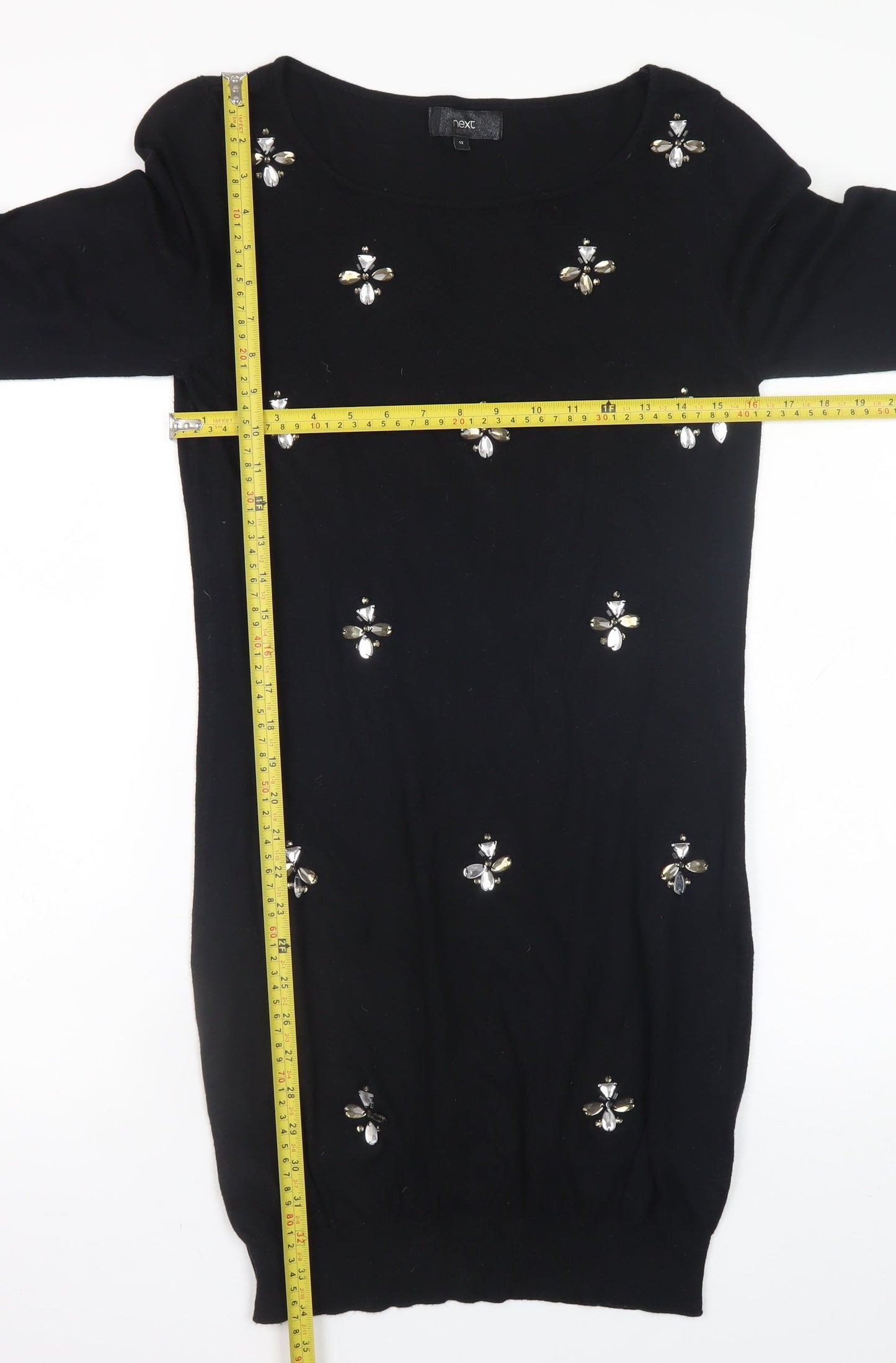 Next Womens Black Beaded Sweater Dress Size 12 Knit 3/4 Sleeve
