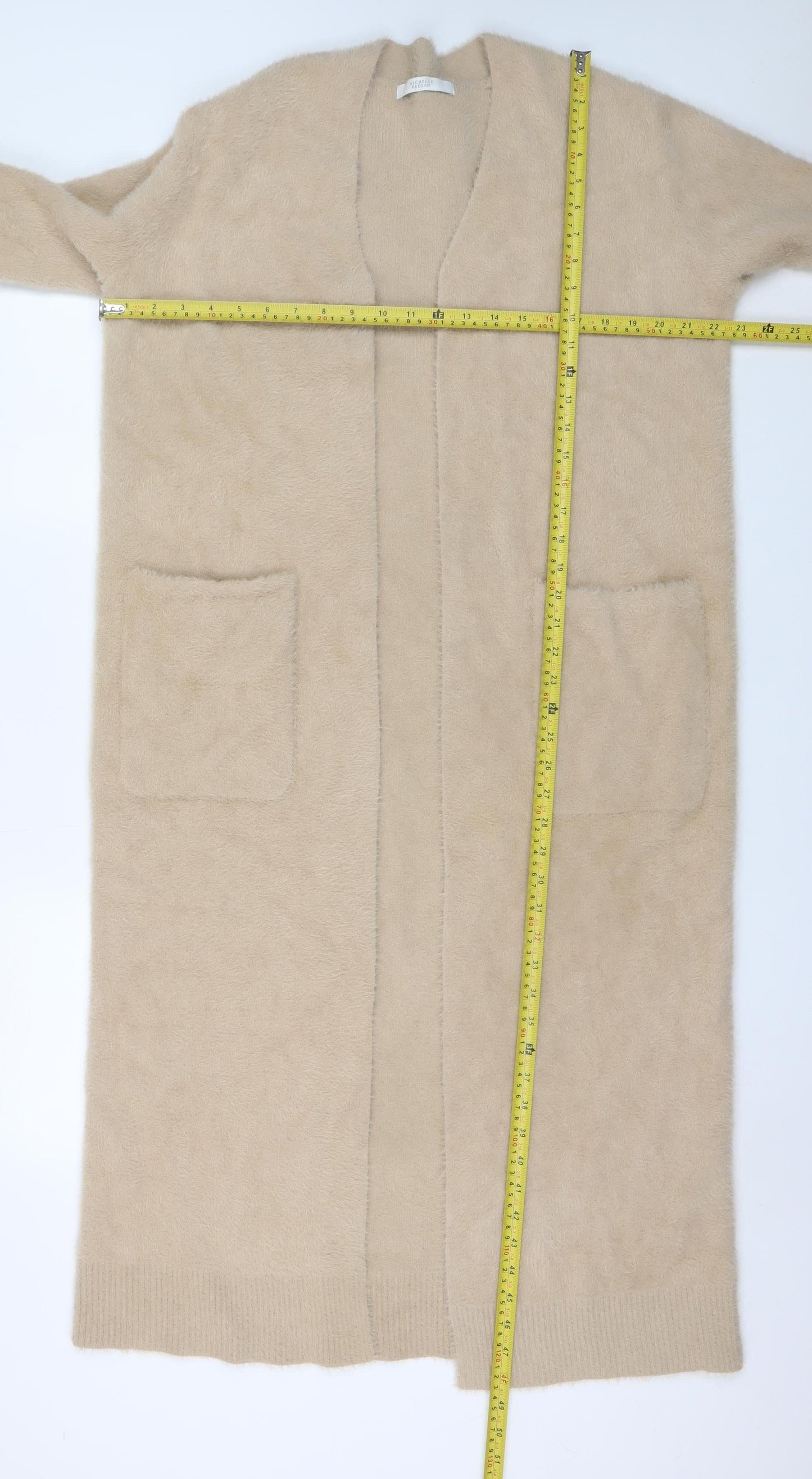 Michelle Keegan Women Beige Long Cardigan Medium Wool Blend Open Front