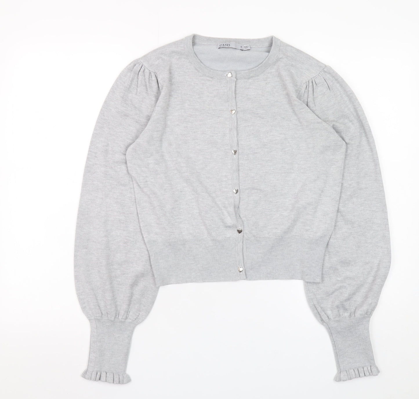 Oasis Women Grey Puff Sleeve Knit Cardigan M