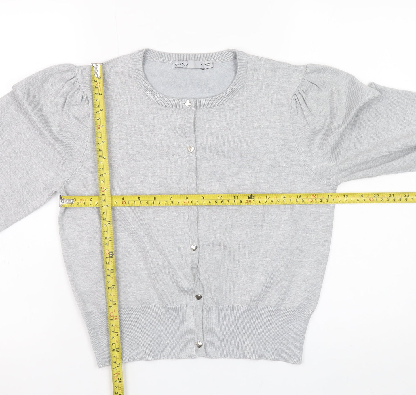 Oasis Women Grey Puff Sleeve Knit Cardigan M