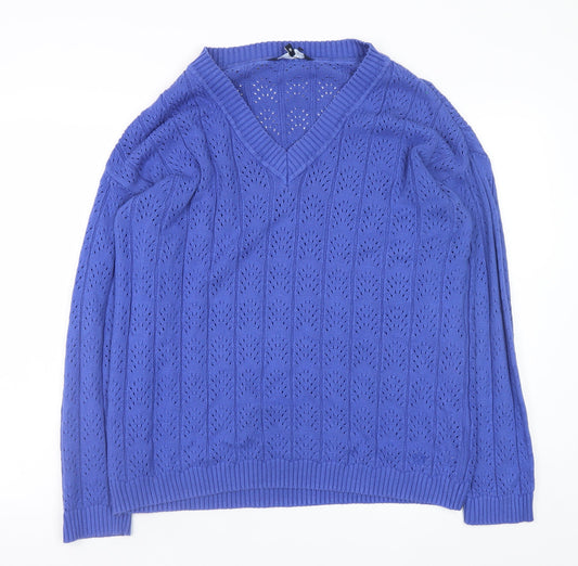Clothing Company Women's Blue V-Neck Open-Knit Jumper Size M