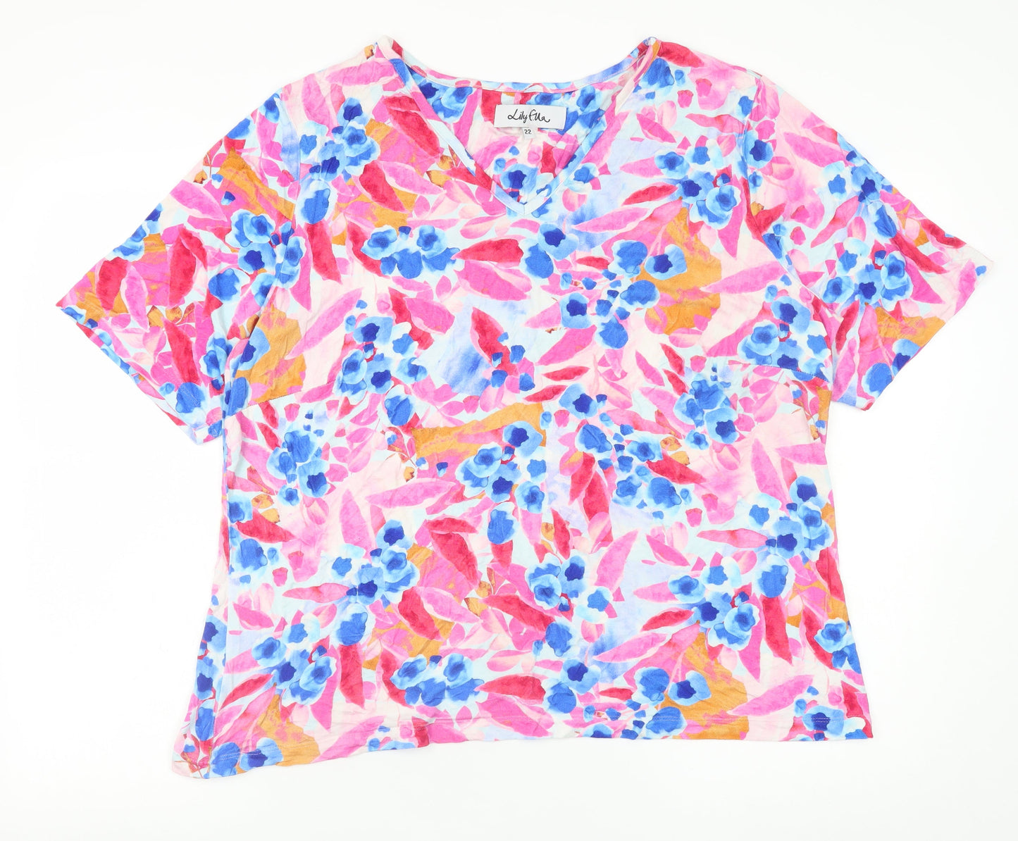 Lily Ella Women's Multicoloured Floral V-Neck Short Sleeve Tunic Top Size 22