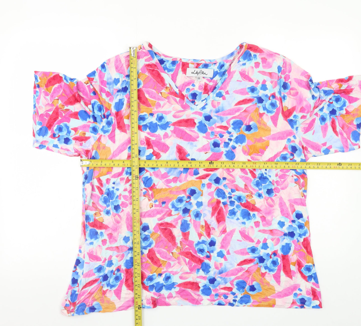 Lily Ella Women's Multicoloured Floral V-Neck Short Sleeve Tunic Top Size 22
