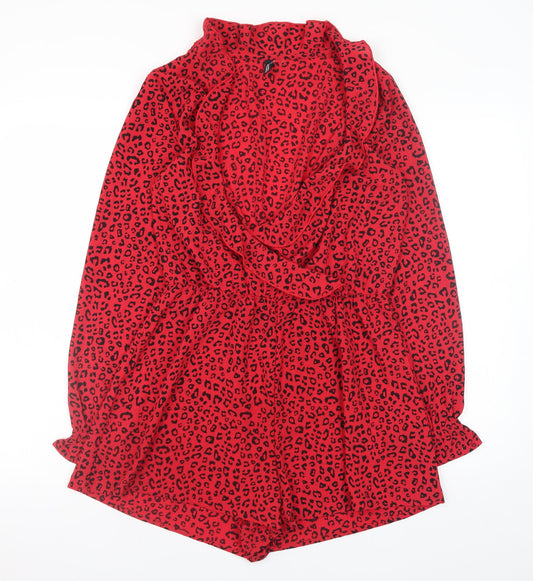 H&M Women's Red Leopard Print Long Sleeve Playsuit Size 10