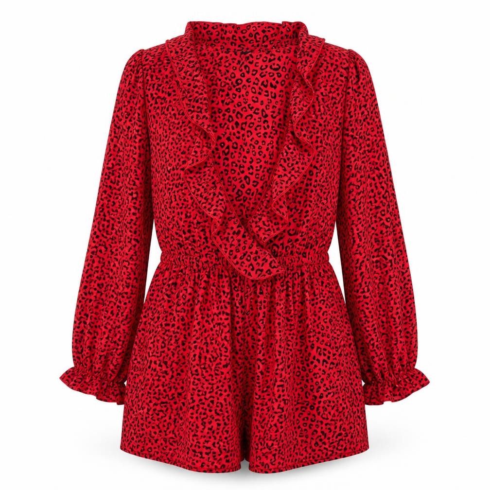 H&M Women's Red Leopard Print Long Sleeve Playsuit Size 10