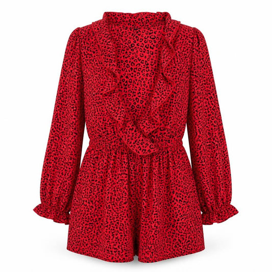 H&M Women's Red Leopard Print Long Sleeve Playsuit Size 10