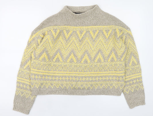 Oui Women’s Beige Yellow Mock Neck Wool Blend Geometric Jumper Size 6