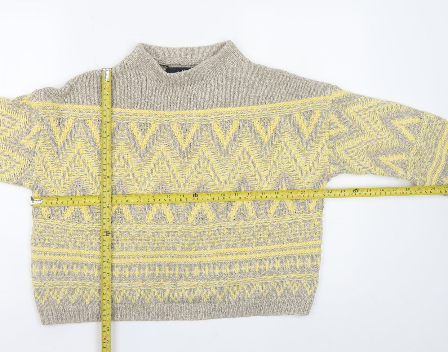 Oui Women’s Beige Yellow Mock Neck Wool Blend Geometric Jumper Size 6