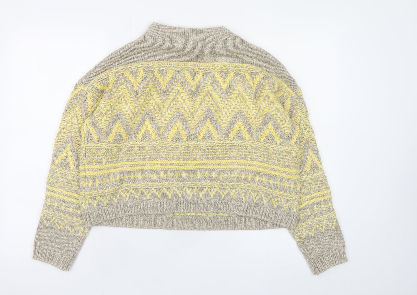 Oui Women’s Beige Yellow Mock Neck Wool Blend Geometric Jumper Size 6