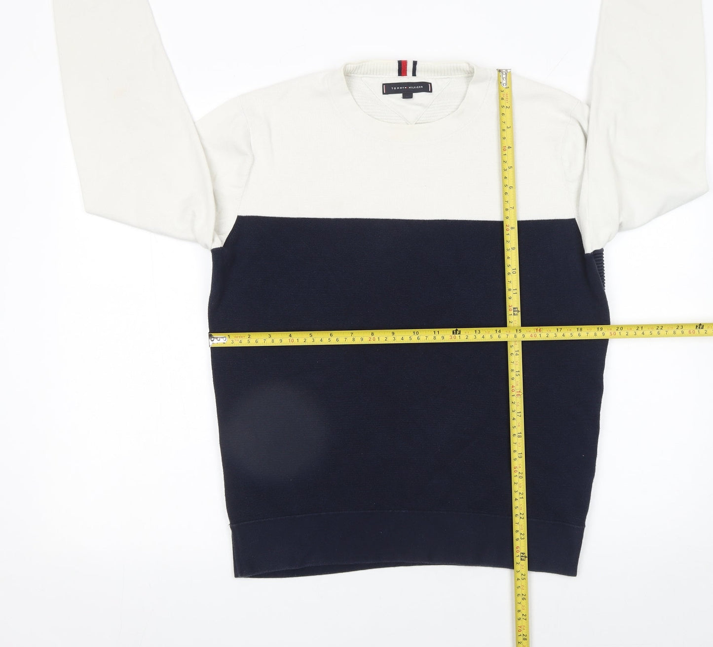 Tommy Hilfiger Men's Blue White Cotton Crew Neck Jumper M