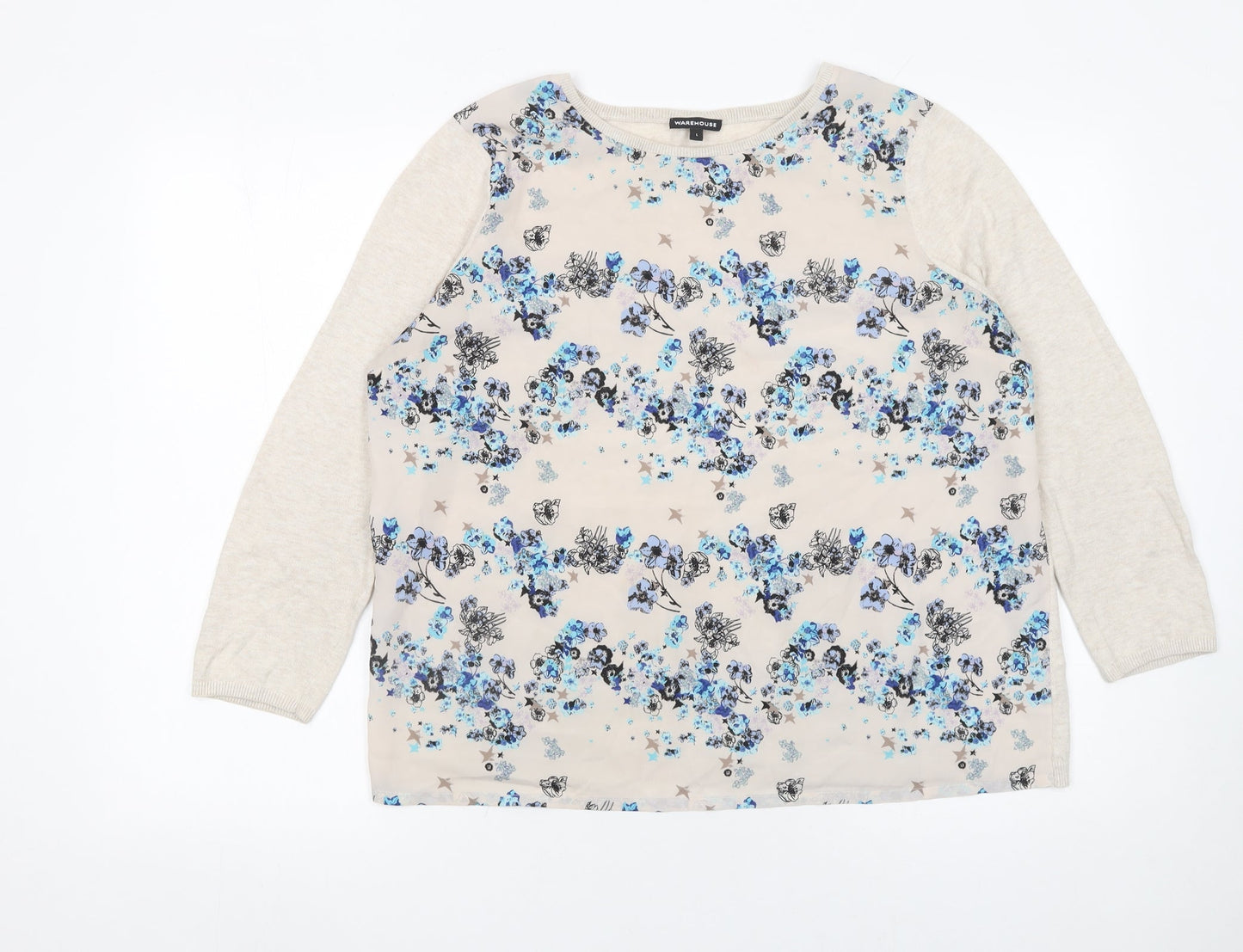 Warehouse Women’s Beige Floral Long Sleeve Pullover Jumper Size L