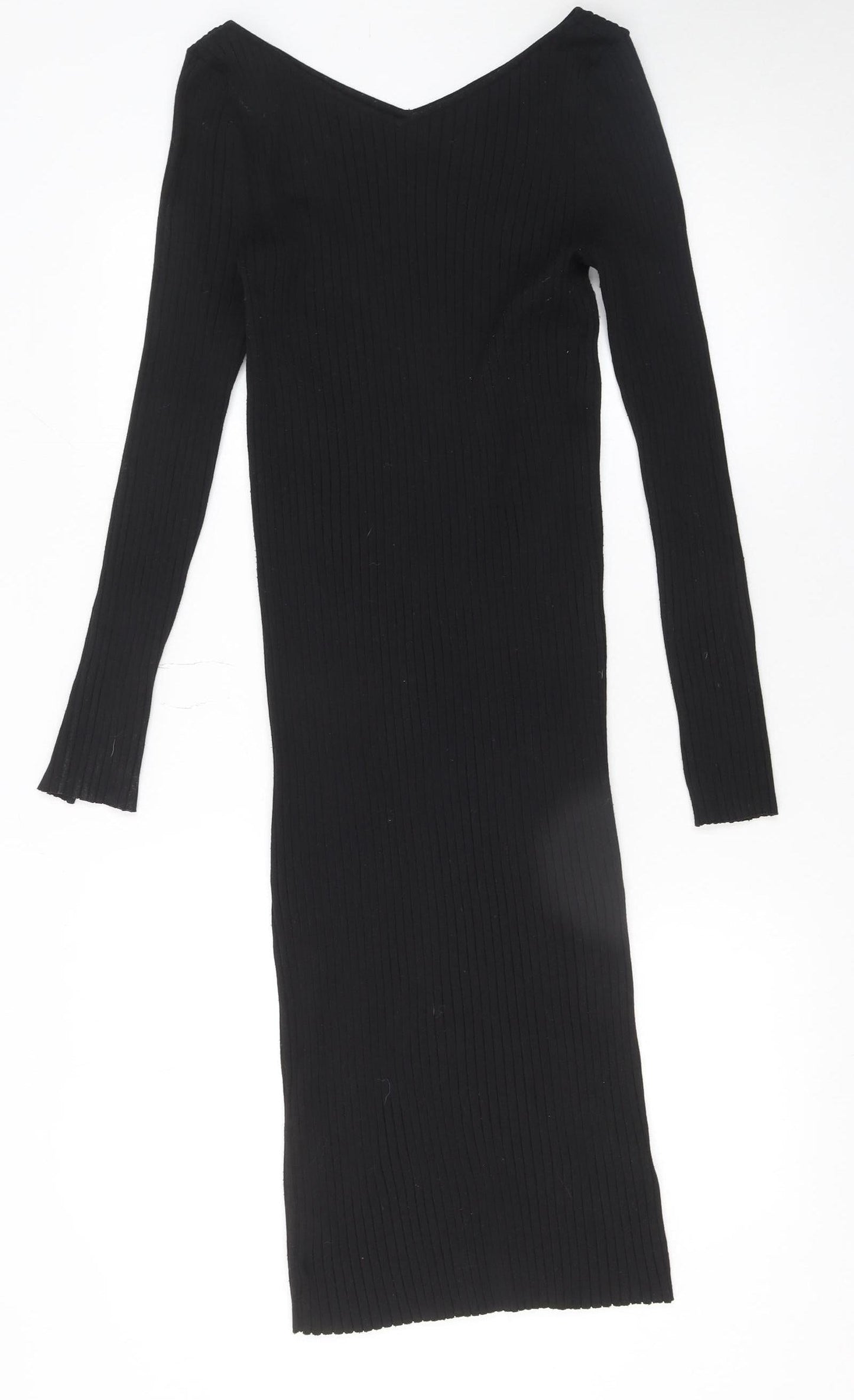 H&M Women Black Midi Bodycon Dress Size 12 Long Sleeve V-Neck