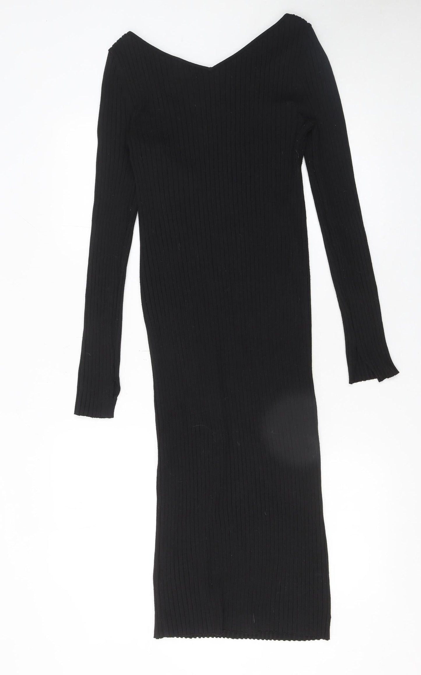 H&M Women Black Midi Bodycon Dress Size 12 Long Sleeve V-Neck