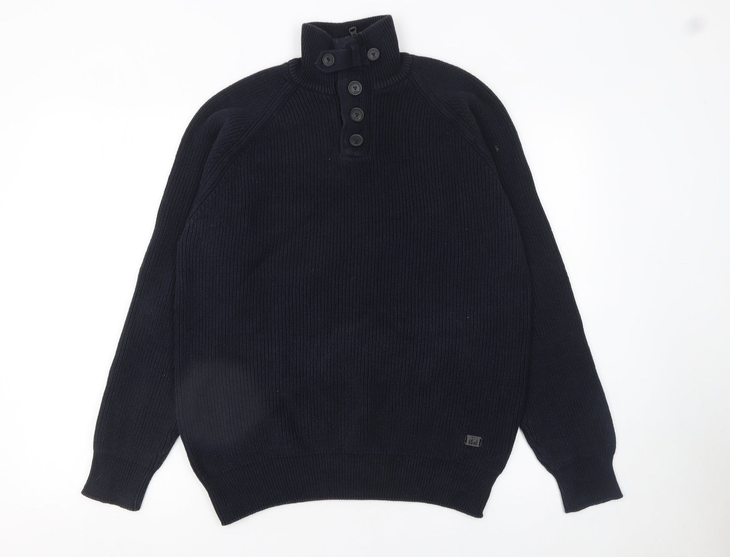 Next Men's Blue XL Henley High Neck Cotton Jumper