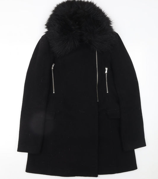Zara Woman Black Wool Blend Fur Collar Zip Coat Size M