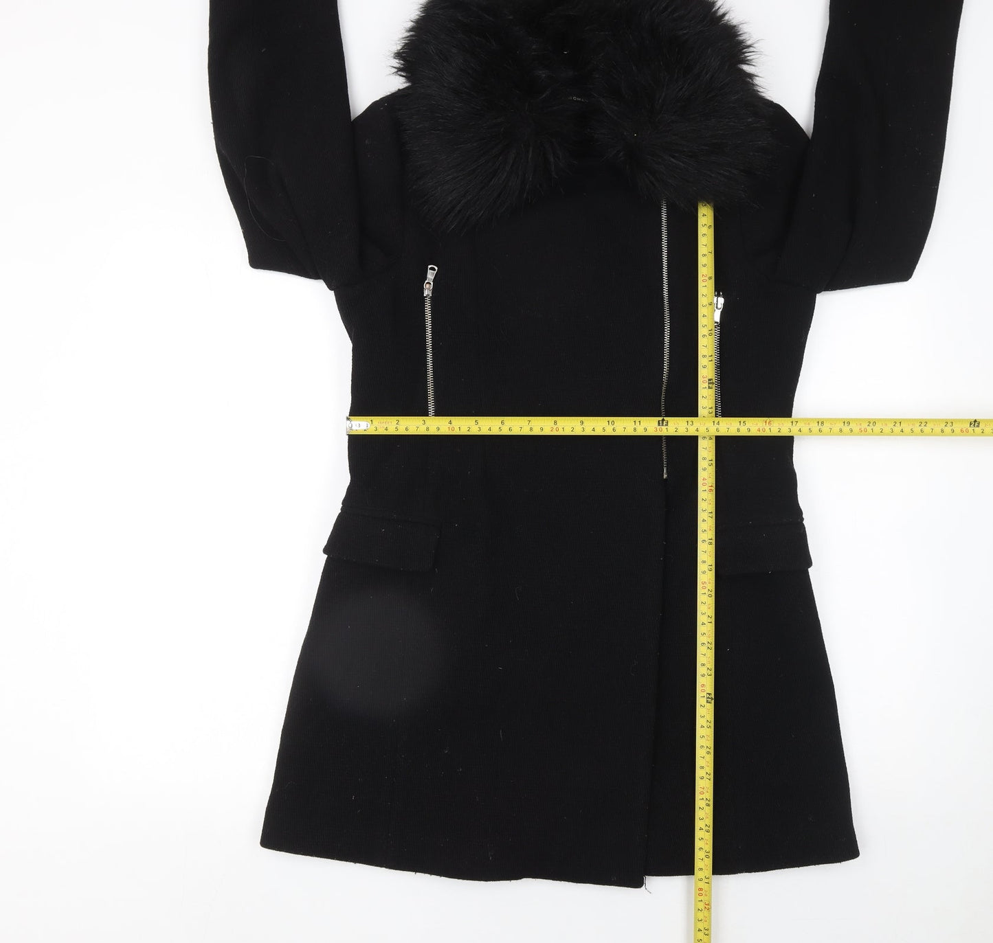 Zara Woman Black Wool Blend Fur Collar Zip Coat Size M