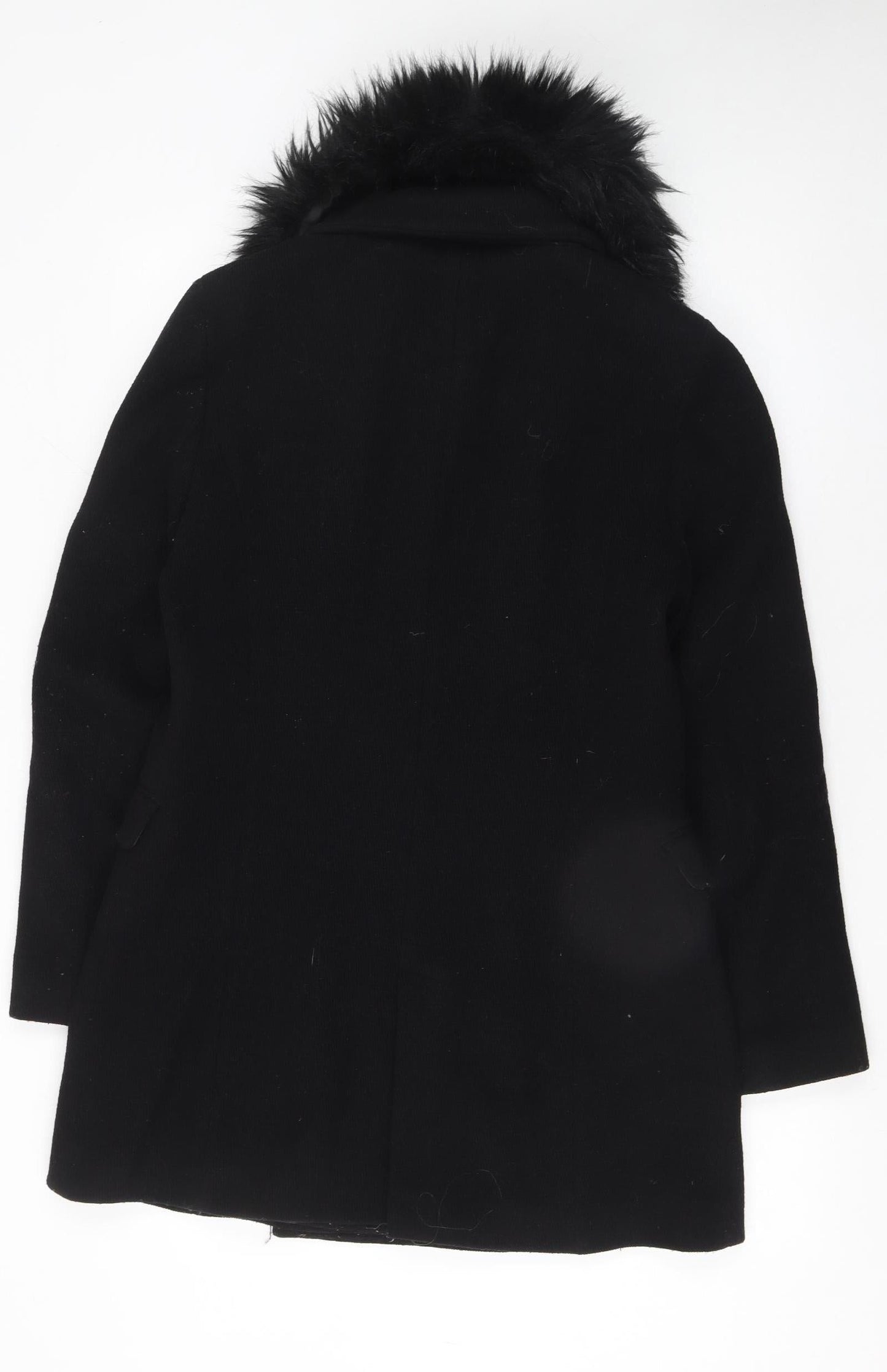 Zara Woman Black Wool Blend Fur Collar Zip Coat Size M