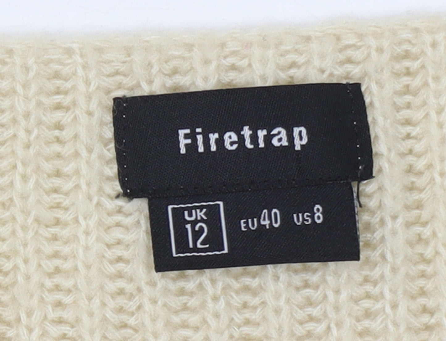 Firetrap Womens Beige V-Neck Chunky Knit Jumper Size 12