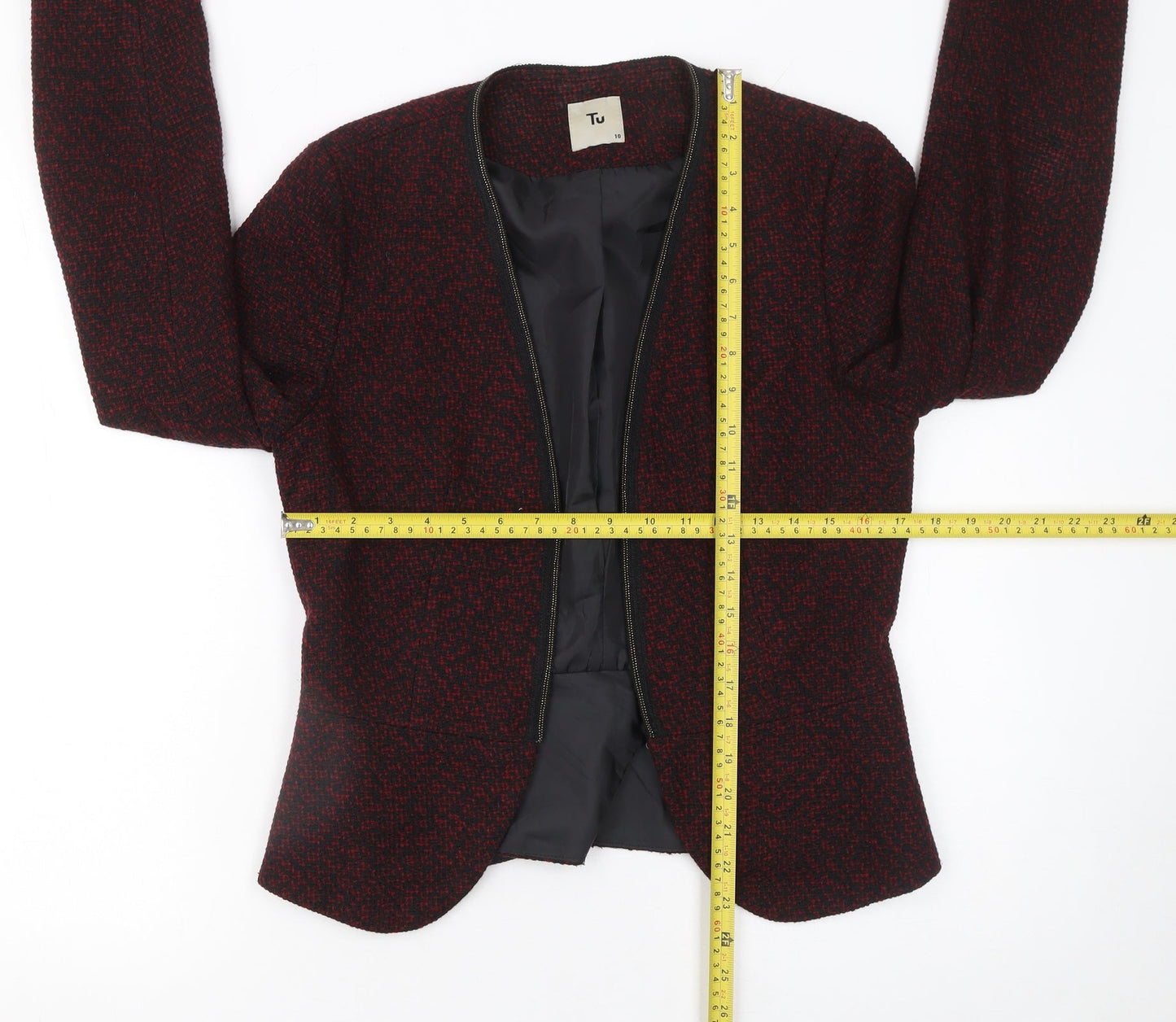Tu Women’s Red & Black Tweed Open Blazer Jacket Size 10