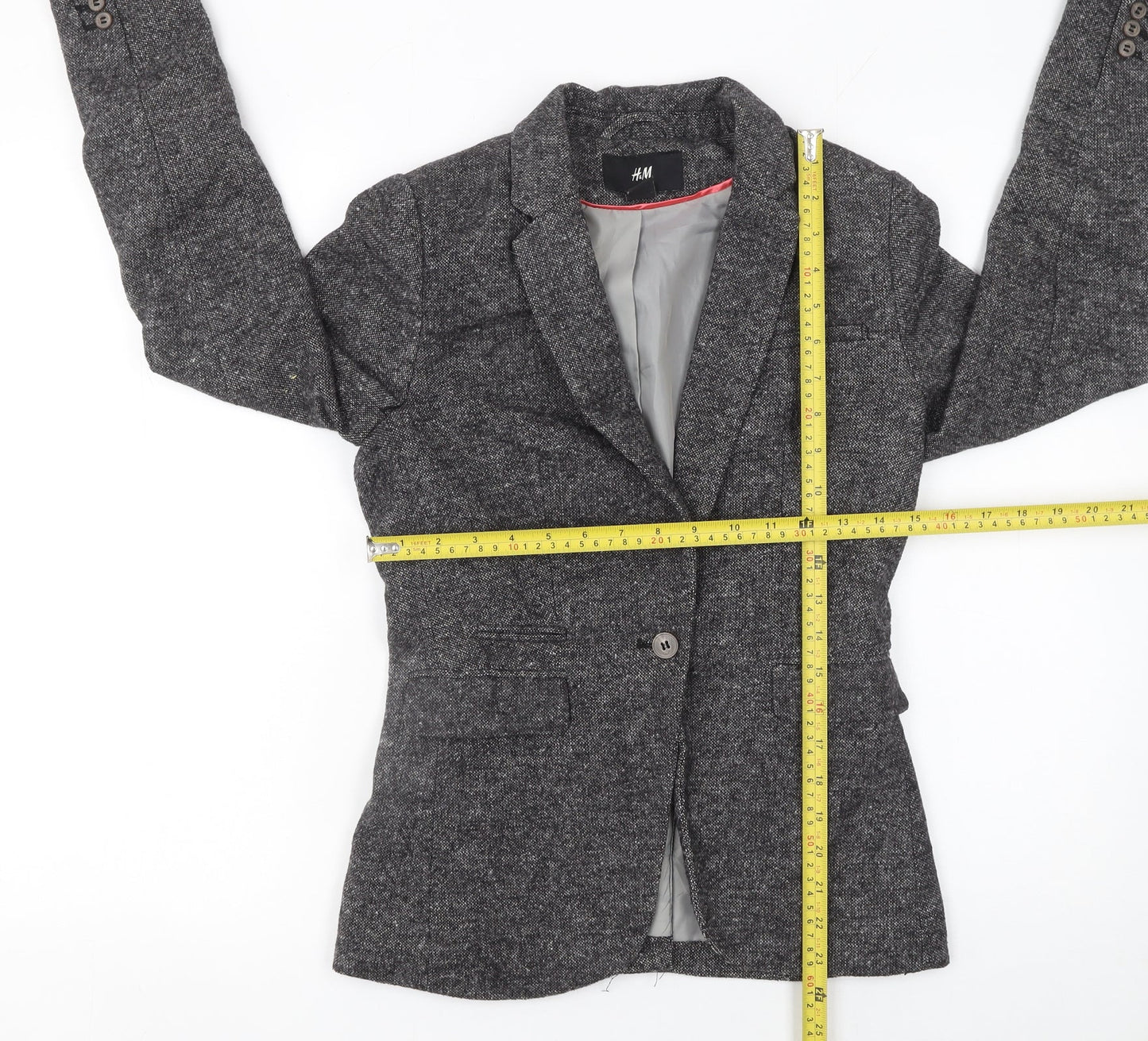H&M Women's Grey Single-Breasted Blazer Size 6 Tailored Wool Blend