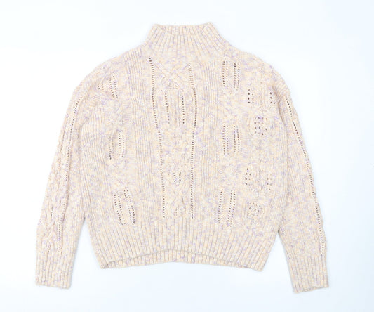 Marks and Spencer Women’s Beige Cotton Mock Neck Cable Knit Jumper Size 14