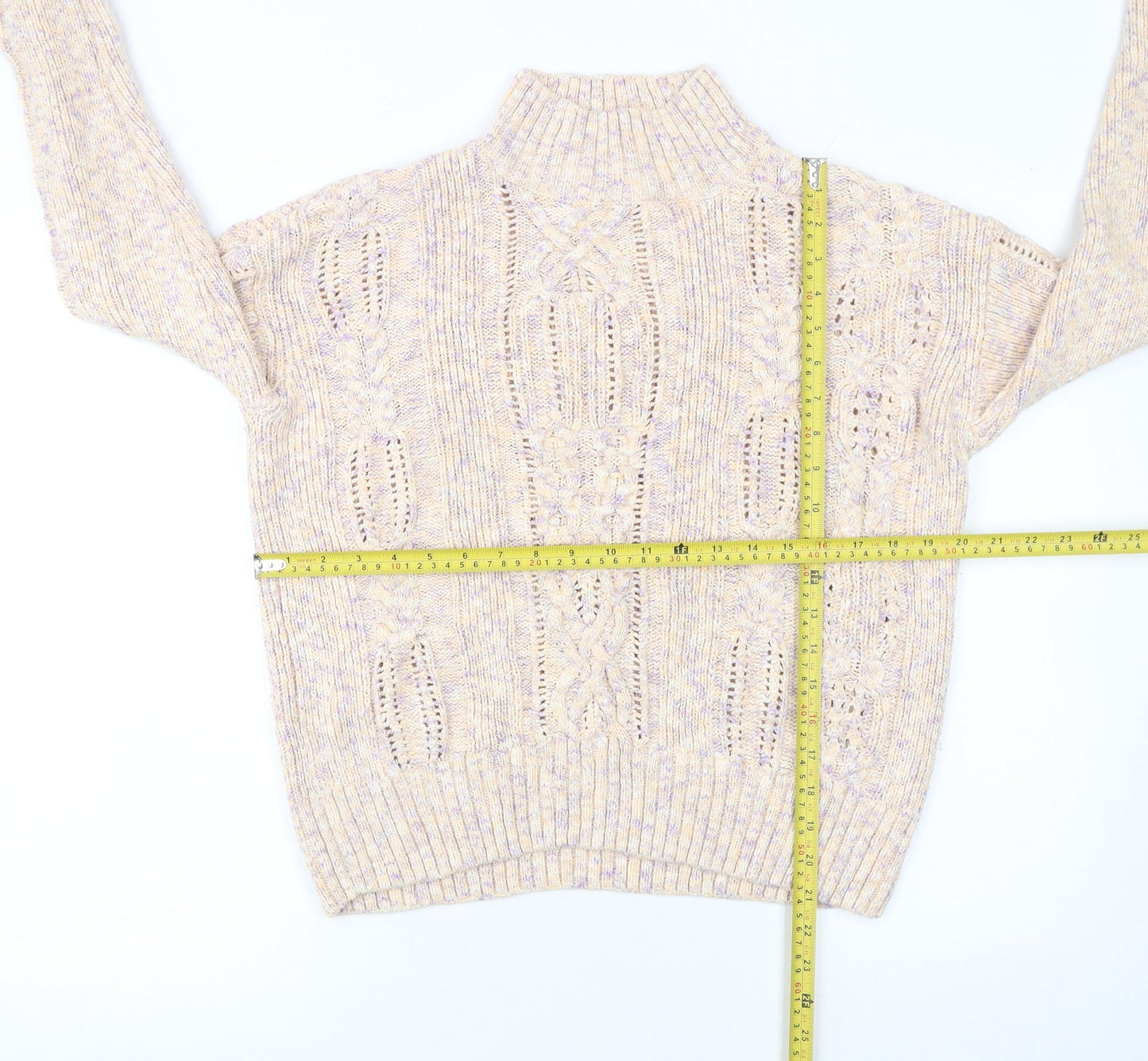 Marks and Spencer Women’s Beige Cotton Mock Neck Cable Knit Jumper Size 14