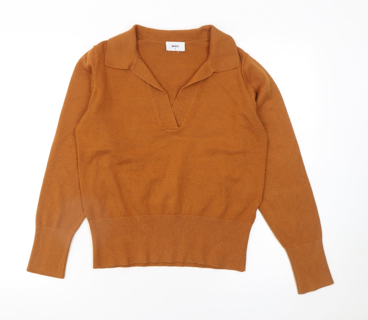 OBJECT Womens Brown Collared Pullover Wool Blend Jumper Size S