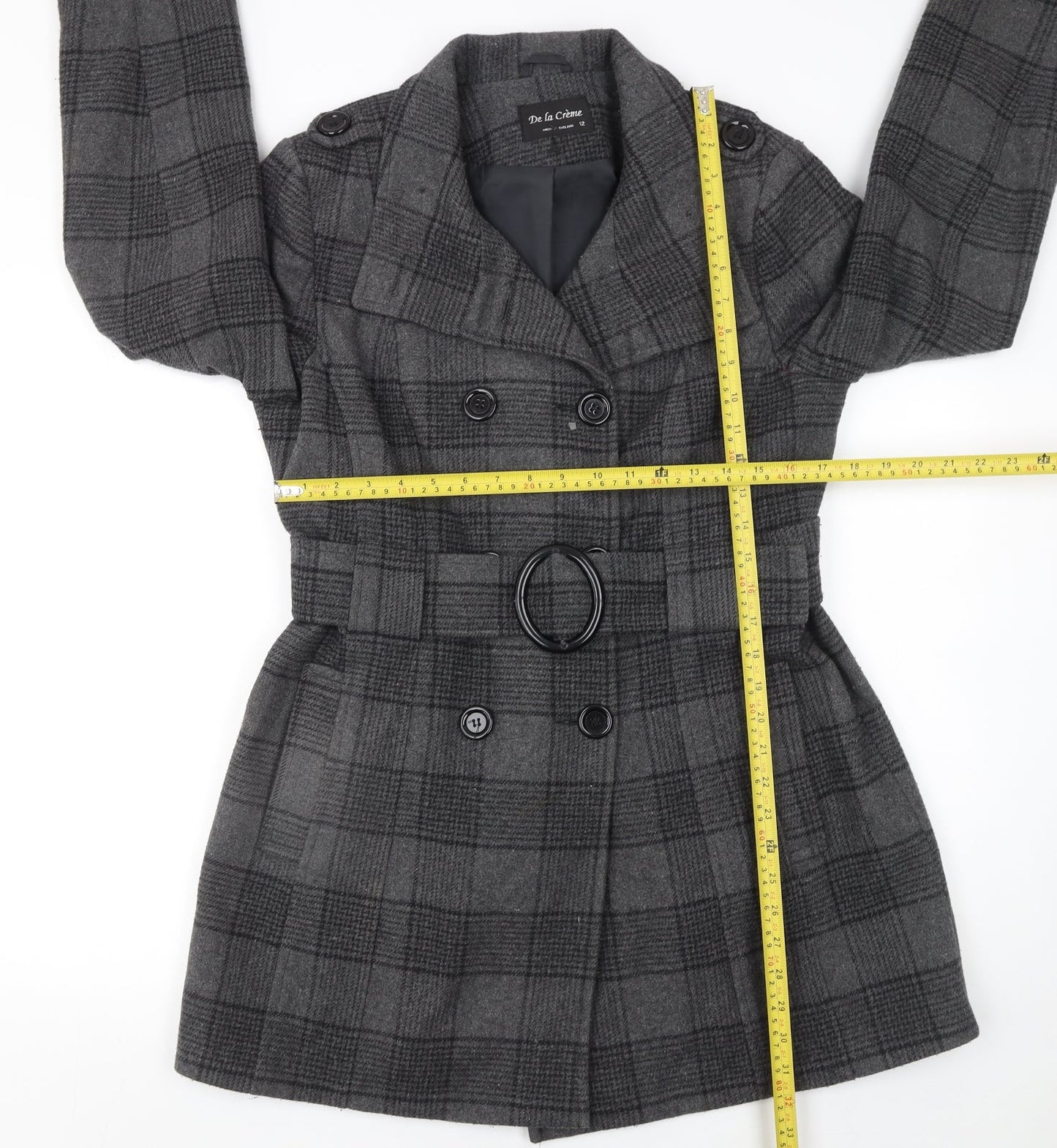 De la Crème Women's Grey Checked Wool Trench Coat Size 12