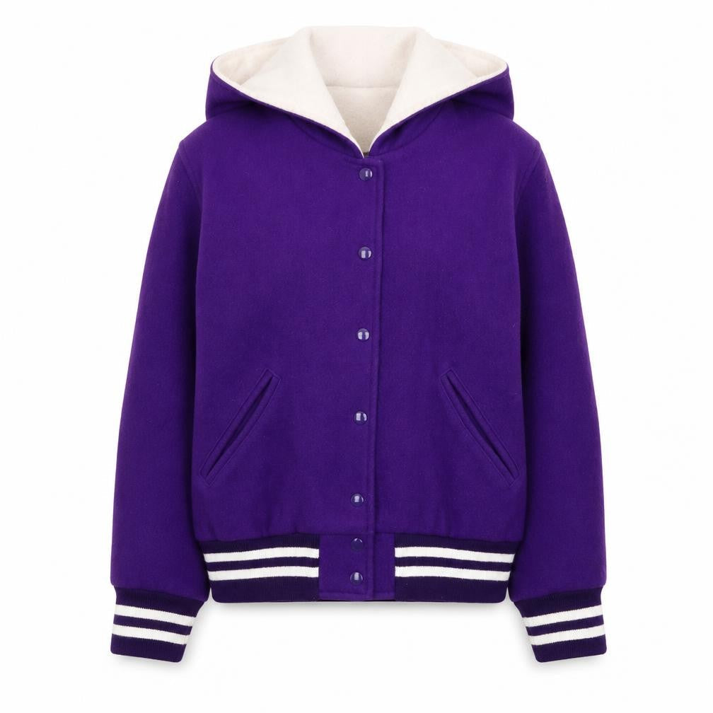 National Spirit Group Womens Purple Wool Varsity Jacket L Hooded Retro
