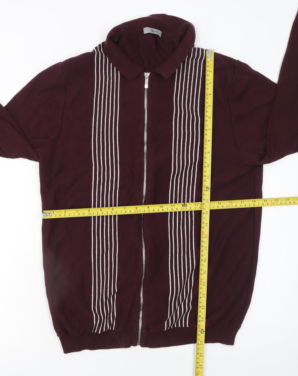 Tu Men’s Burgundy Full Zip Cotton Collared Jumper M