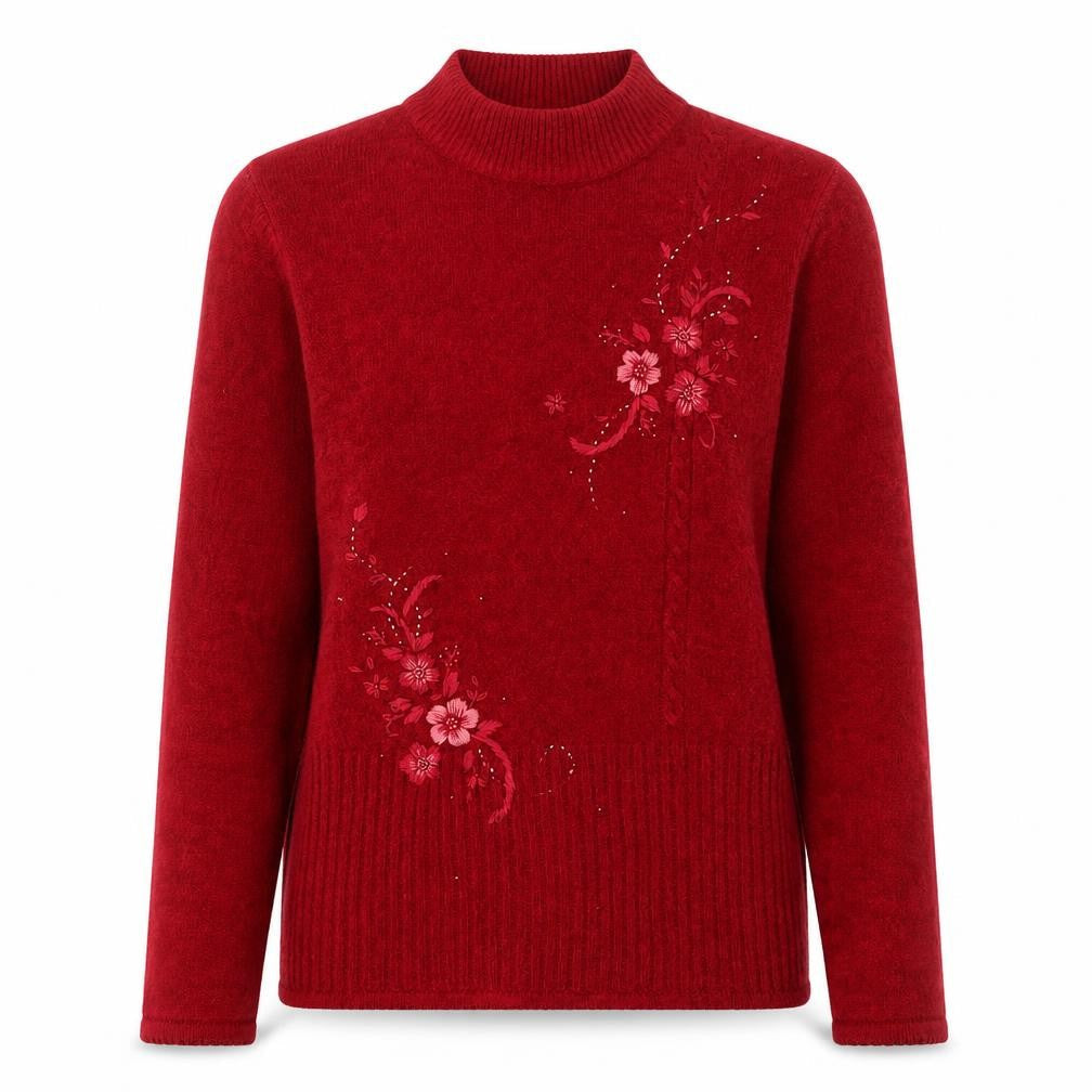 Fay Louise Women's Red Embroidered Mock Neck Pullover Jumper Size S