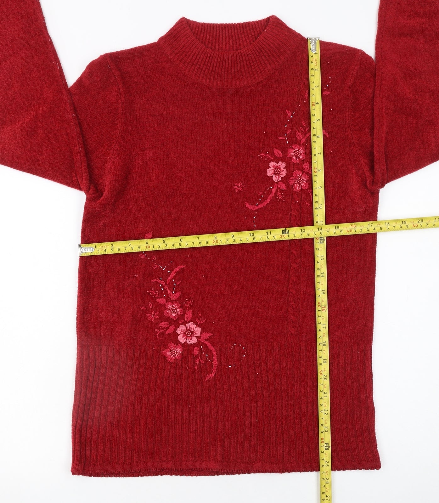 Fay Louise Women's Red Embroidered Mock Neck Pullover Jumper Size S