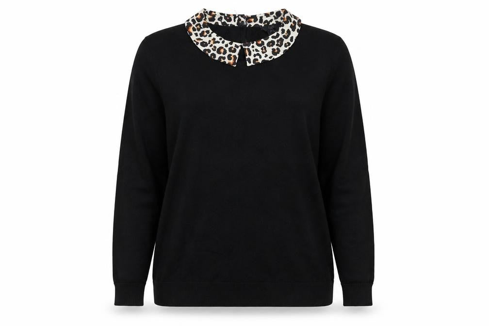 M&Co Women’s Black Petite Size 14 Collared Leopard Trim Knit Jumper