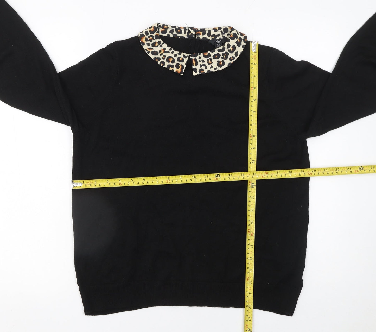 M&Co Women’s Black Petite Size 14 Collared Leopard Trim Knit Jumper