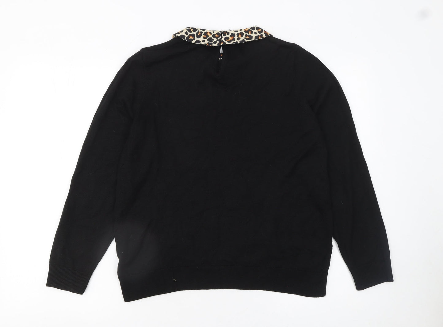 M&Co Women’s Black Petite Size 14 Collared Leopard Trim Knit Jumper