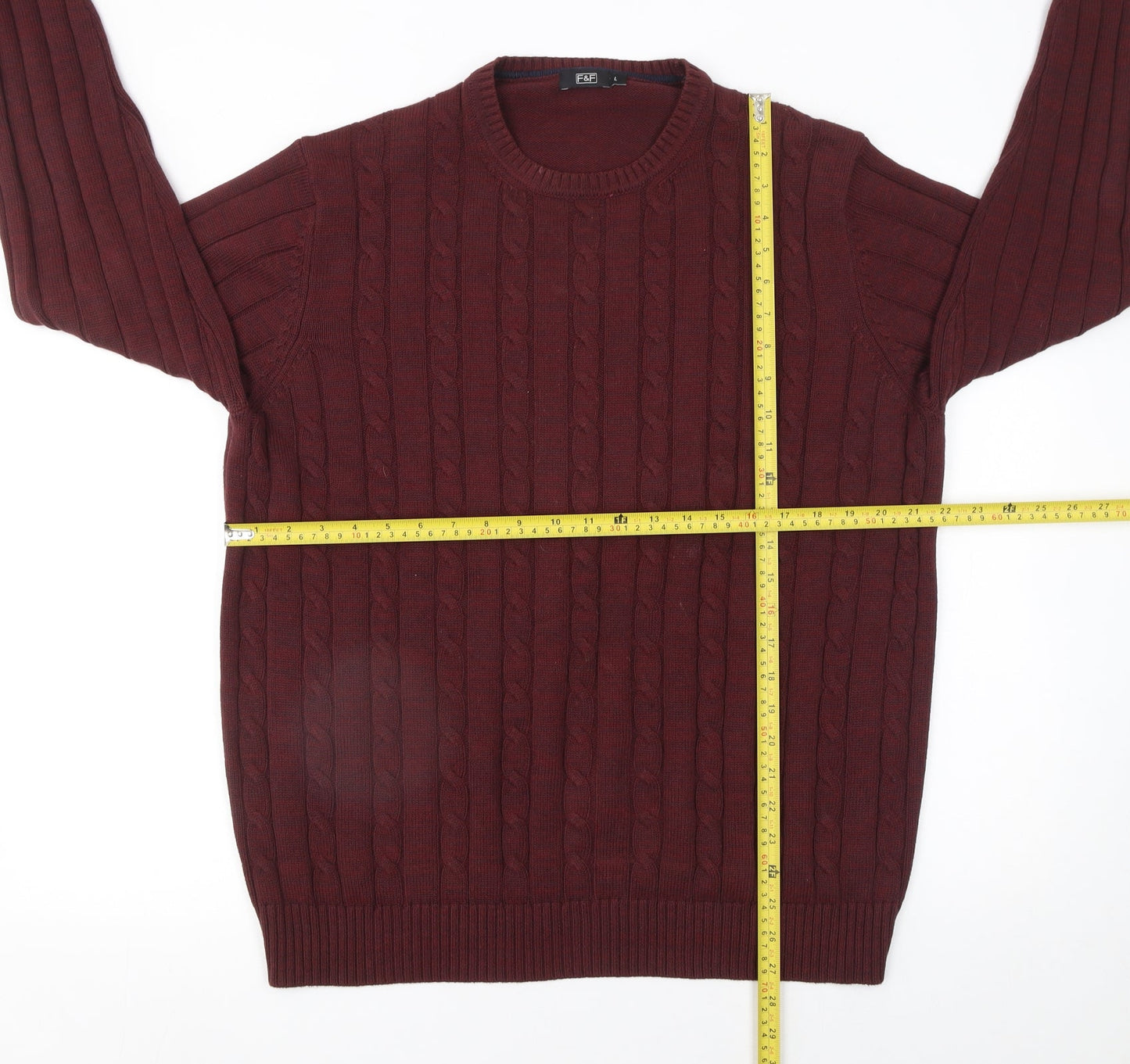 F&F Men's Red Cable-Knit Cotton Jumper L Crew Neck Pullover