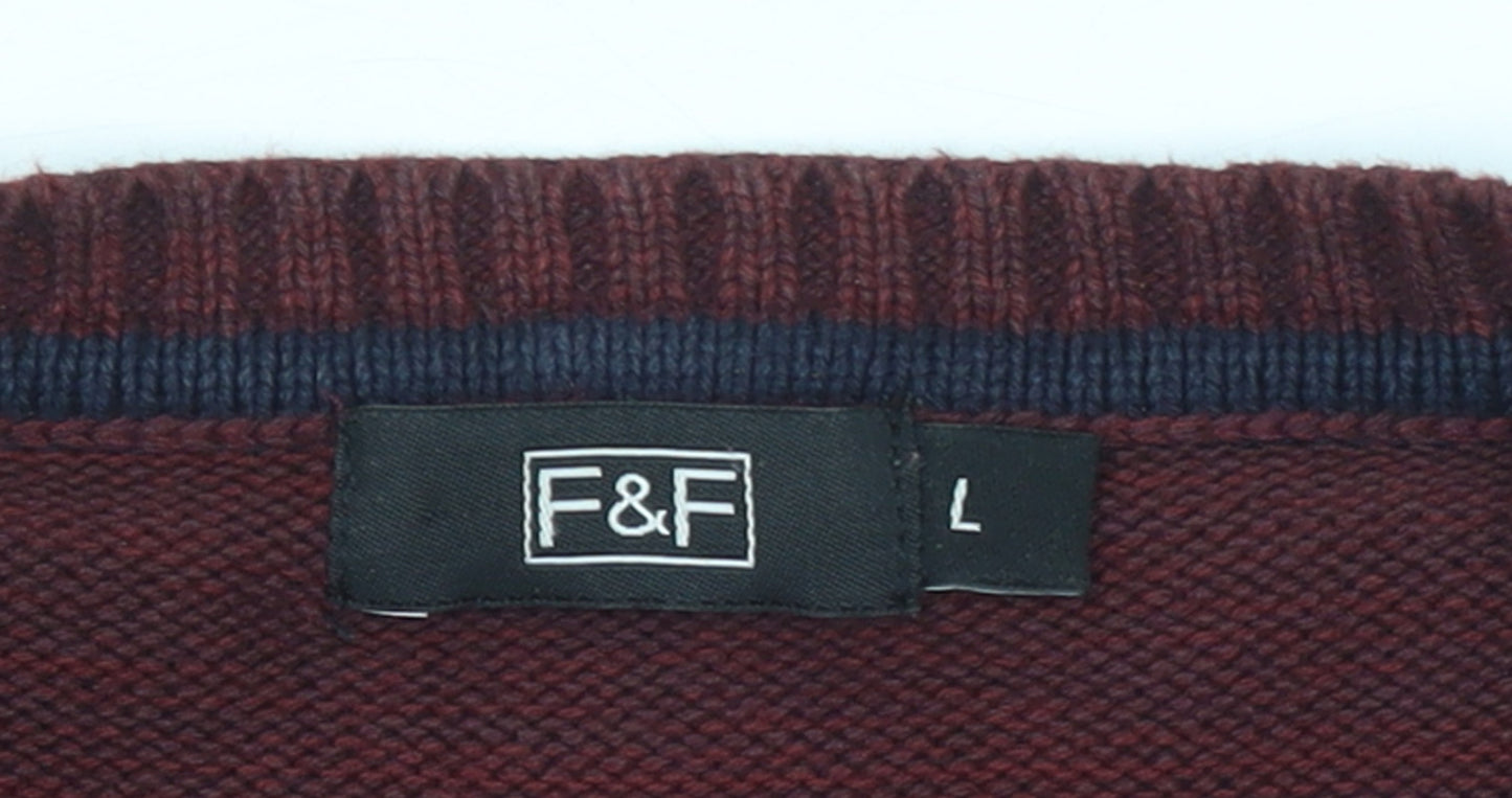 F&F Men's Red Cable-Knit Cotton Jumper L Crew Neck Pullover