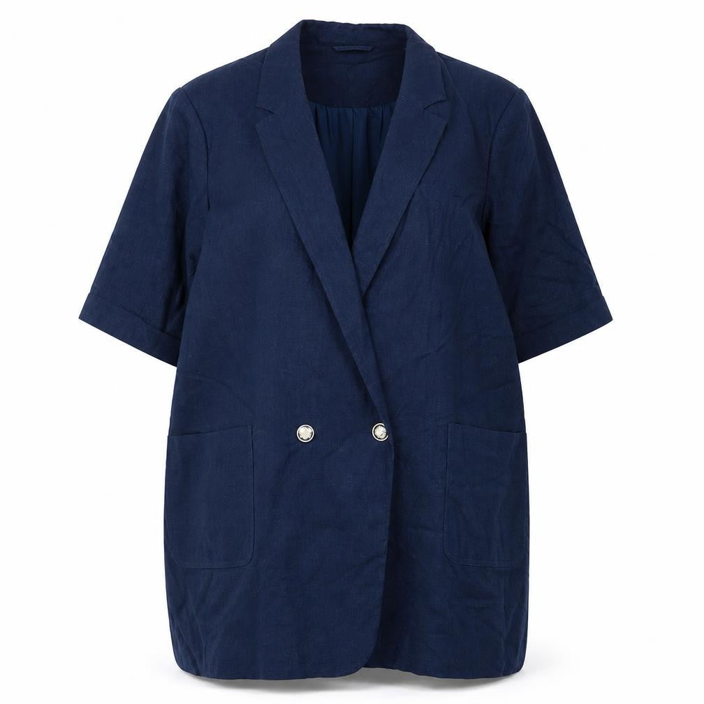 Next Women's Navy Linen Blend Double Breasted Blazer UK 24