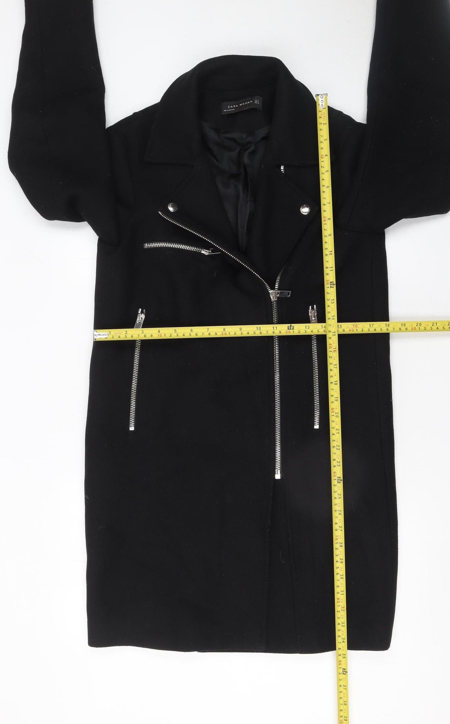 Zara Women Black Wool Blend Biker Coat Size 12