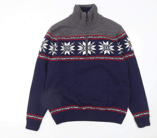 CMP Men's Blue Grey Fair Isle 1/4 Zip Wool Blend Jumper Size M