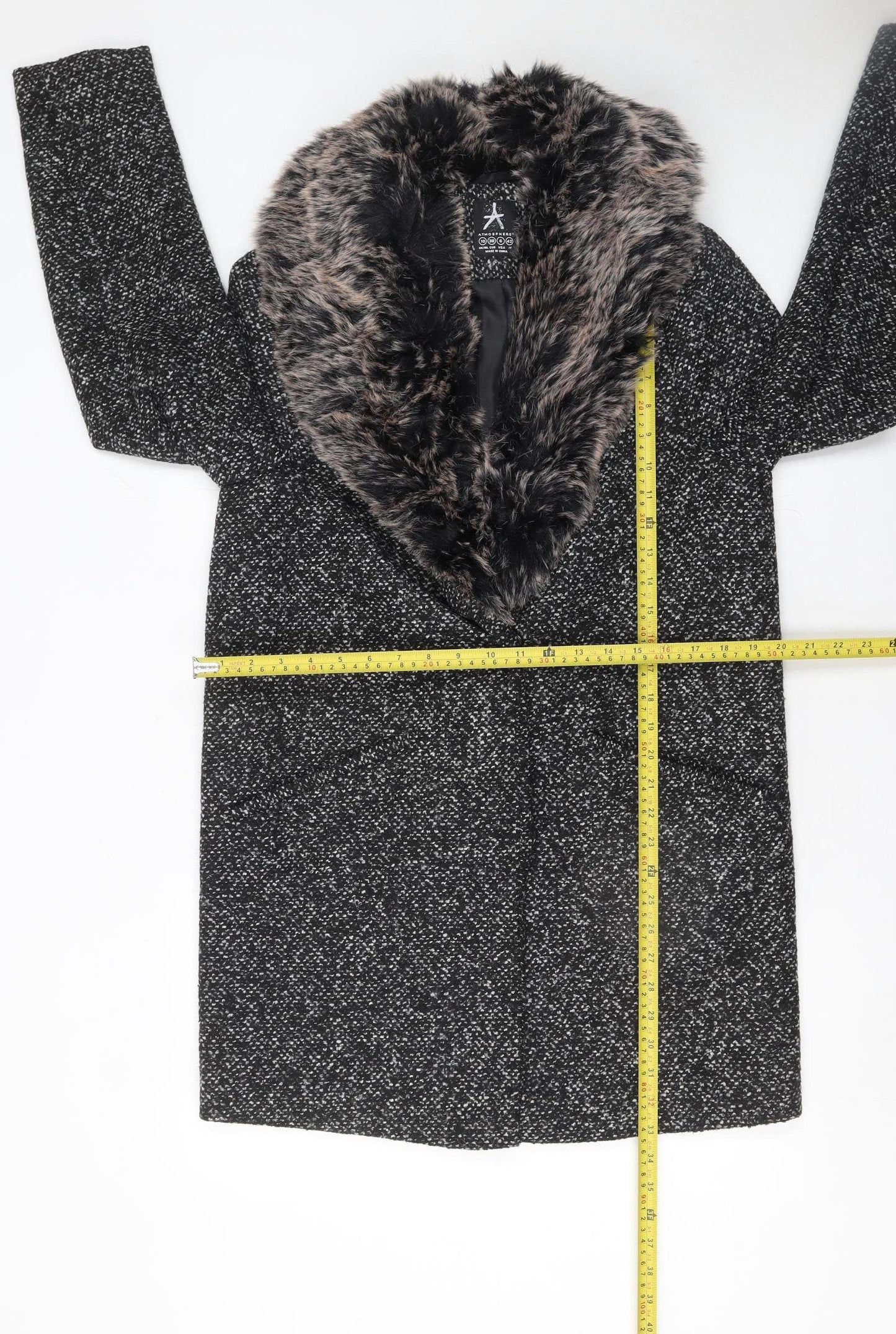 Atmosphere Women's Black Tweed Faux Fur Collar Overcoat Size 10