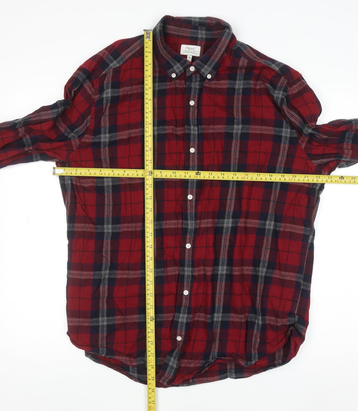 Next Men's Red Check Flannel Button-Down Shirt XL Long Sleeve