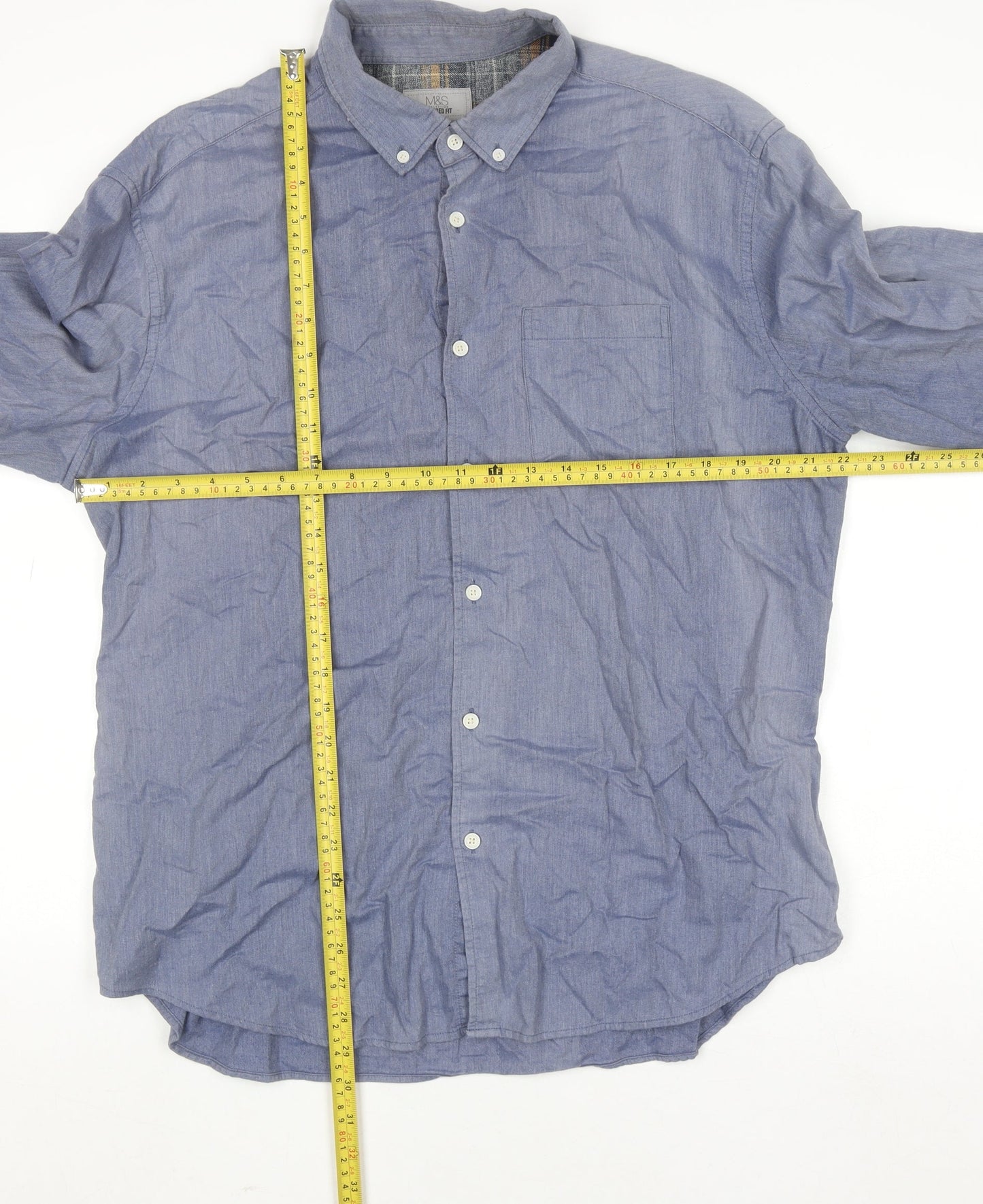 Marks and Spencer Men's Blue Tailored Fit Cotton Button-Up Shirt XL