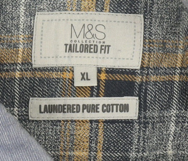 Marks and Spencer Men's Blue Tailored Fit Cotton Button-Up Shirt XL
