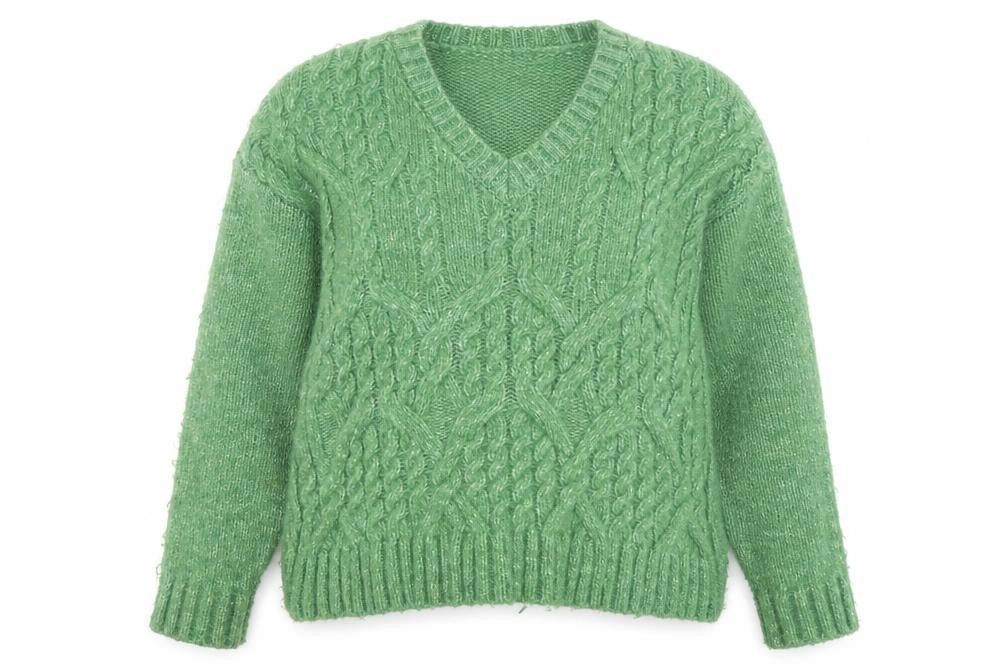 Marks & Spencer Womens Green Cable Knit V-Neck Pullover Jumper Size S