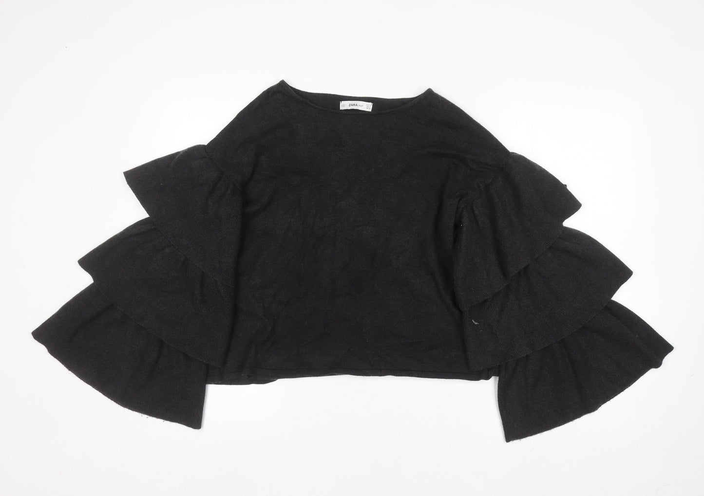 Zara Women Black Ruffle Flared Sleeve Knit Jumper Size S