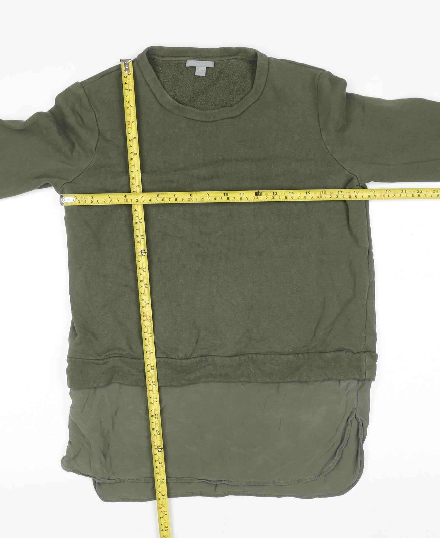 COS Women Green Silk Hem Long Sleeve Crew Neck Pullover Jumper Size S